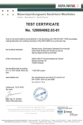 Сертификат испытаний петель на 1 000 000 циклов: превью сертификата